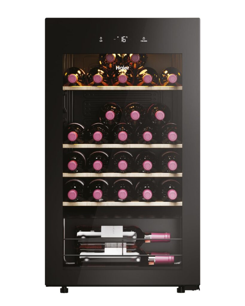 Haier Weinkühlschrank 50 SERIE 5 HWS79GDG I Weinklimaschrank für 79 Flaschen I Neue Technologie für beste Lagerung I Weinkühlschrank 2 Zonen, UV-Glastür & 5 Holzregalen I Wine Fridge vibrationsarm