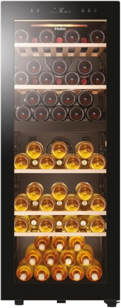 Haier Weinkühlschrank 50 SERIE 5 HWS79GDG I Weinklimaschrank für 79 Flaschen I Neue Technologie für beste Lagerung I Weinkühlschrank 2 Zonen, UV-Glastür & 5 Holzregalen I Wine Fridge vibrationsarm