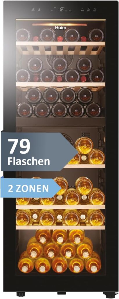 Haier Weinkühlschrank 50 SERIE 5 HWS79GDG I Weinklimaschrank für 79 Flaschen I Neue Technologie für beste Lagerung I Weinkühlschrank 2 Zonen, UV-Glastür & 5 Holzregalen I Wine Fridge vibrationsarm