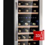 Klarstein Weinkühlschrank Freistehend, Kleiner Getränkekühlschrank Schmal, 2 Zonen Weinkühlschrank mit Glastür, Indoor/Outdoor Beersafe, Kühlschrank Klein mit LED-Lichter, 5-18°C, 33 Flaschen