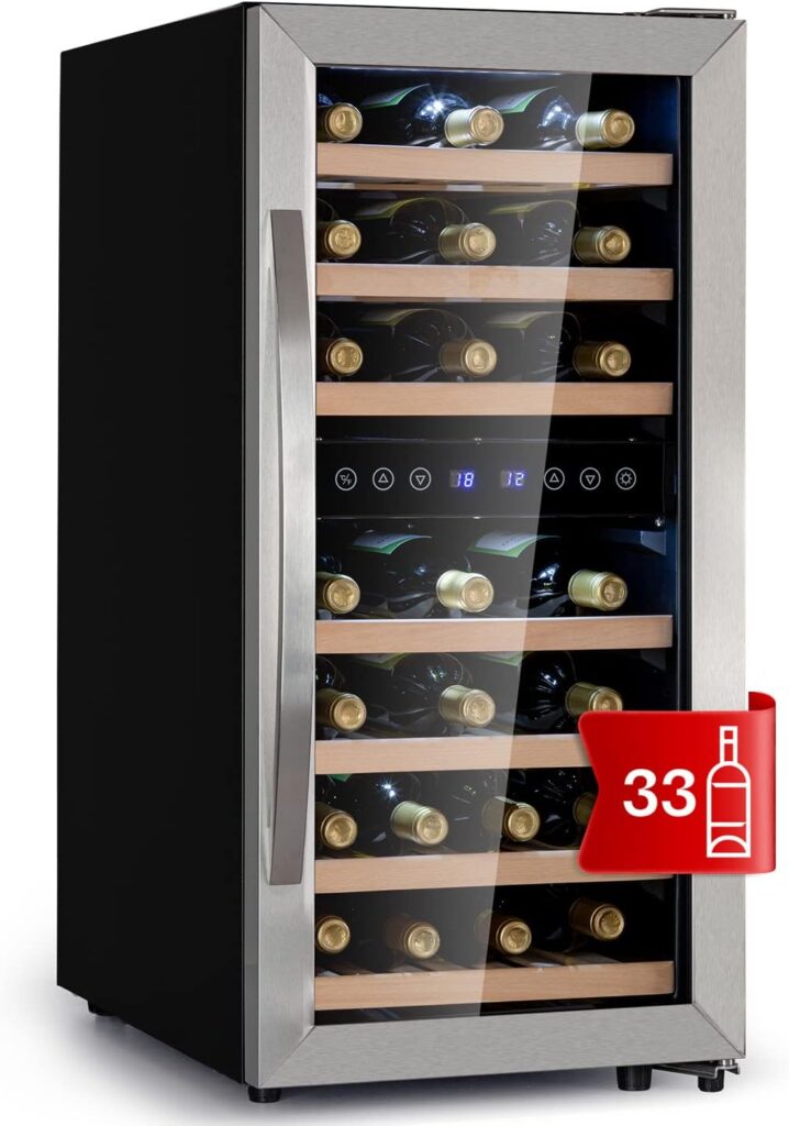 Klarstein Weinkühlschrank Freistehend, Kleiner Getränkekühlschrank Schmal, 2 Zonen Weinkühlschrank mit Glastür, Indoor/Outdoor Beersafe, Kühlschrank Klein mit LED-Lichter, 5-18°C, 33 Flaschen