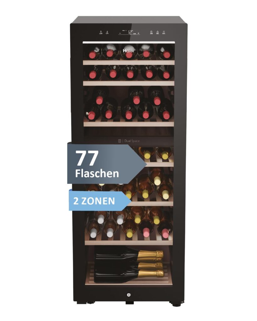 Haier Weinkühlschrank klein 50 SERIE 7 HWS42GDAU1 I 42 Flaschen Weinklimaschrank I Neue Technologie für perfekte Lagerung I Weinkühlschrank 2 Zonen, UV-Glastür & Holzregale I Wi-Fi I Wine fridge