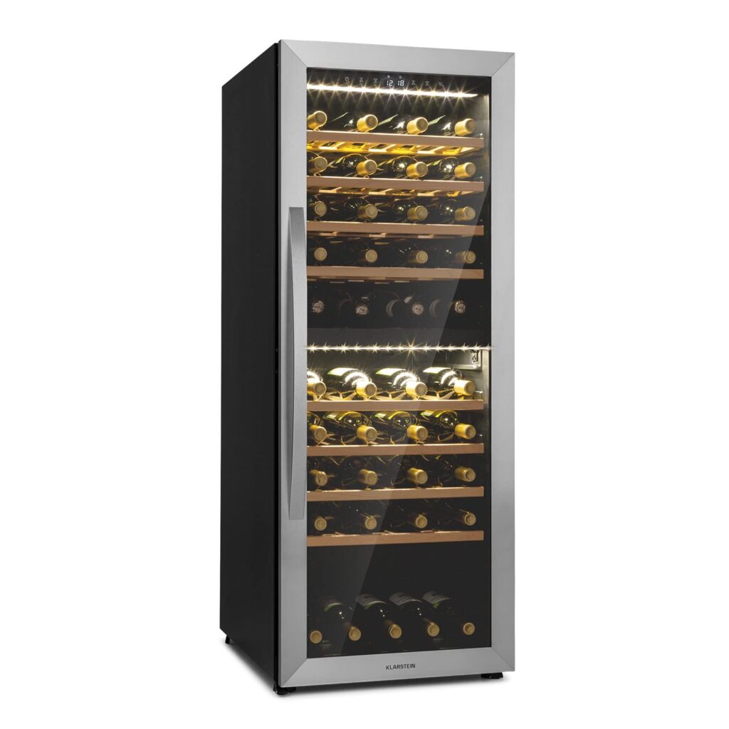 Klarstein Weinkühlschrank Freistehend, Kleiner Getränkekühlschrank Schmal, 2 Zonen Weinkühlschrank mit Glastür, Indoor/Outdoor Beersafe, Kühlschrank Klein mit LED-Lichter, 5-18°C, 33 Flaschen