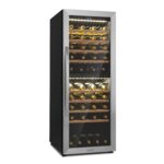Klarstein Weinkühlschrank Freistehend, Kleiner Getränkekühlschrank Schmal, 2 Zonen Weinkühlschrank mit Glastür, Indoor/Outdoor Beersafe, Kühlschrank Klein mit LED-Lichter, 5-18°C, 33 Flaschen