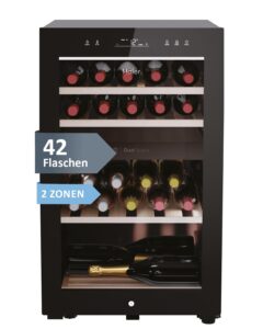 Haier Weinkühlschrank 50 SERIE 5 HWS79GDG I Weinklimaschrank für 79 Flaschen I Neue Technologie für beste Lagerung I Weinkühlschrank 2 Zonen, UV-Glastür & 5 Holzregalen I Wine Fridge vibrationsarm