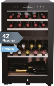 Haier Weinkühlschrank klein 50 SERIE 7 HWS42GDAU1 I 42 Flaschen Weinklimaschrank I Neue Technologie für perfekte Lagerung I Weinkühlschrank 2 Zonen, UV-Glastür & Holzregale I Wi-Fi I Wine fridge