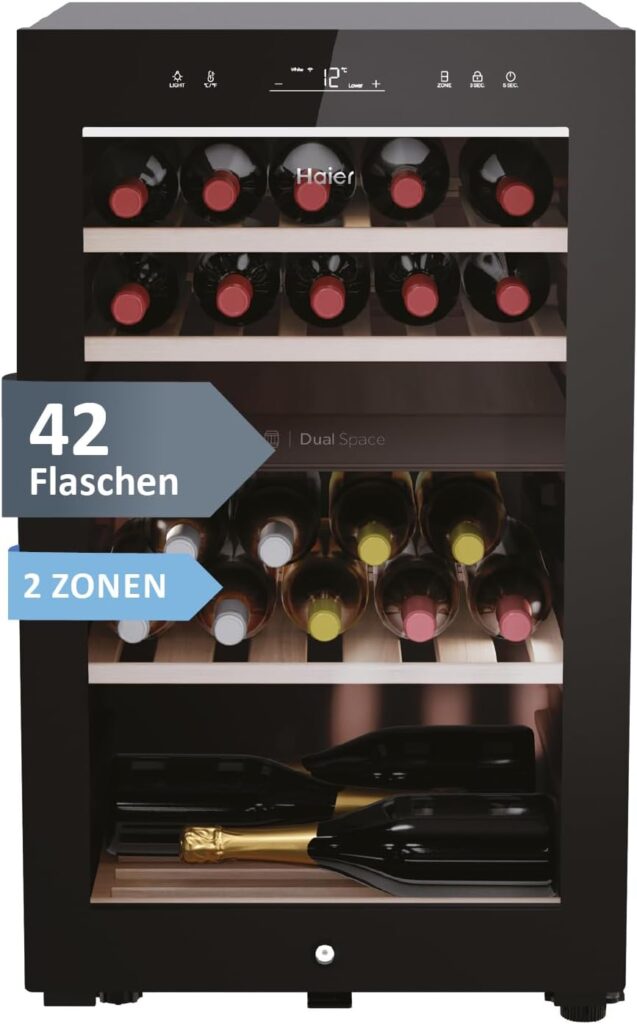 Haier Weinkühlschrank klein 50 SERIE 7 HWS42GDAU1 I 42 Flaschen Weinklimaschrank I Neue Technologie für perfekte Lagerung I Weinkühlschrank 2 Zonen, UV-Glastür & Holzregale I Wi-Fi I Wine fridge