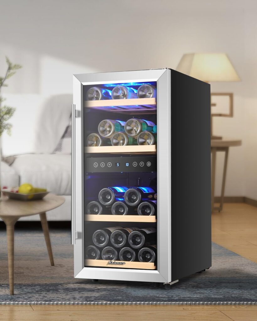 Kalamera Weinkühlschrank 2 Zonen, Edelstahl Glastür, 33 Flaschen(bis zu 310 mm Höhe), 100 Liter, Zwei Temperaturzonen 5-10°C/10-18°C, Freistehend, KRC-33BSS