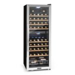 Klarstein Weinkühlschrank Freistehend, Kleiner Getränkekühlschrank Schmal, 2 Zonen Weinkühlschrank mit Glastür, Indoor/Outdoor Beersafe, Kühlschrank Klein mit LED-Lichter, 5-18°C, 33 Flaschen