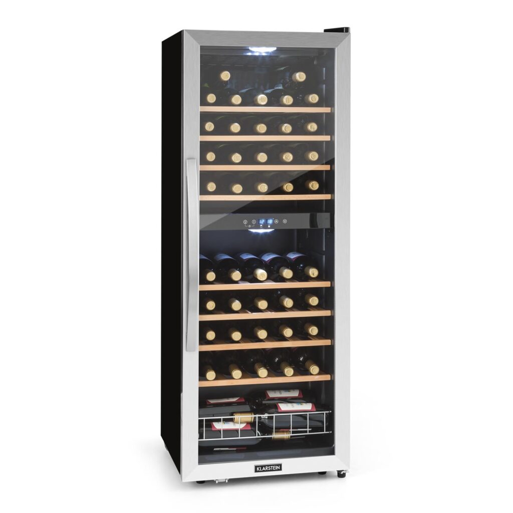 Klarstein Vinamour Weinkühlschrank 2 Zonen - 24 Flaschen, 5-18 °C, Touch-Steuerung, LED-Beleuchtung, Freistehend, Edelstahl-Doppeltür, Weinklimaschrank