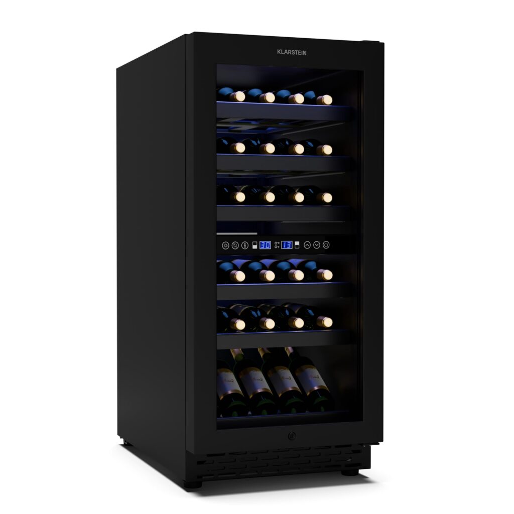 Klarstein Weinkühlschrank Freistehend, Kleiner Getränkekühlschrank Schmal, 2 Zonen Weinkühlschrank mit Glastür, Indoor/Outdoor Beersafe, Kühlschrank Klein mit LED-Lichter, 5-18°C, 73 Flaschen