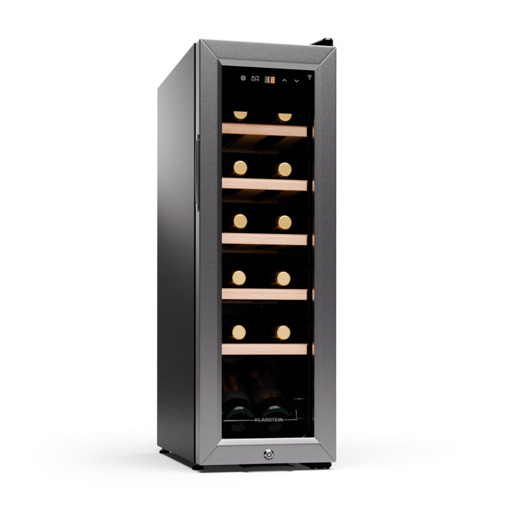 Klarstein Weinkühlschrank Freistehend, Kleiner Getränkekühlschrank Schmal, 2 Zone Weinkühlschrank mit Glastür, Indoor/Outdoor Beersafe, Kühlschrank Klein mit UV-Schutz, 5-18°C, 39 Flaschen