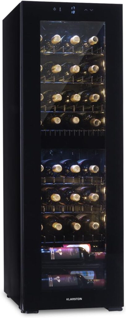 Klarstein Weinkühlschrank Freistehend, Kleiner Getränkekühlschrank Schmal, 2 Zone Weinkühlschrank mit Glastür, Indoor/Outdoor Beersafe, Kühlschrank Klein mit UV-Schutz, 5-18°C, 39 Flaschen
