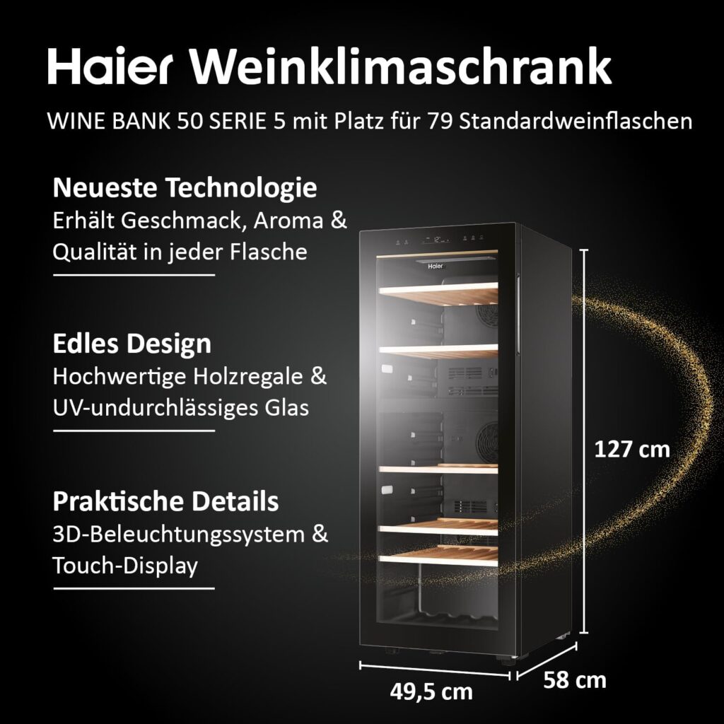 Haier Weinkühlschrank 50 SERIE 5 HWS79GDG I Weinklimaschrank für 79 Flaschen I Neue Technologie für beste Lagerung I Weinkühlschrank 2 Zonen, UV-Glastür & 5 Holzregalen I Wine Fridge vibrationsarm