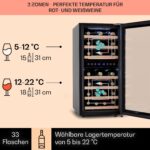 Klarstein Weinkühlschrank Freistehend, Kleiner Getränkekühlschrank Schmal, 2 Zonen Weinkühlschrank mit Glastür, Indoor/Outdoor Beersafe, Kühlschrank Klein mit LED-Lichter, 5-18°C, 33 Flaschen