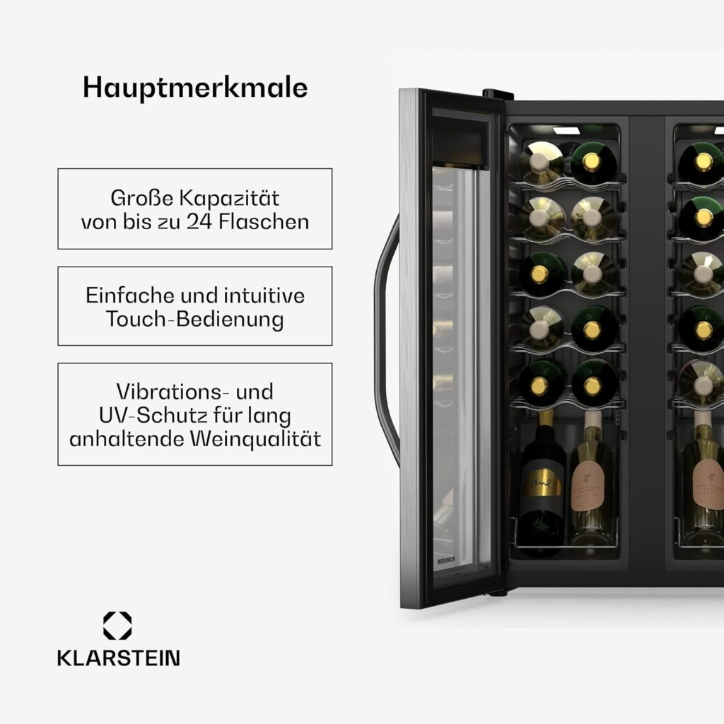 Klarstein Vinamour Weinkühlschrank 2 Zonen - 24 Flaschen, 5-18 °C, Touch-Steuerung, LED-Beleuchtung, Freistehend, Edelstahl-Doppeltür, Weinklimaschrank