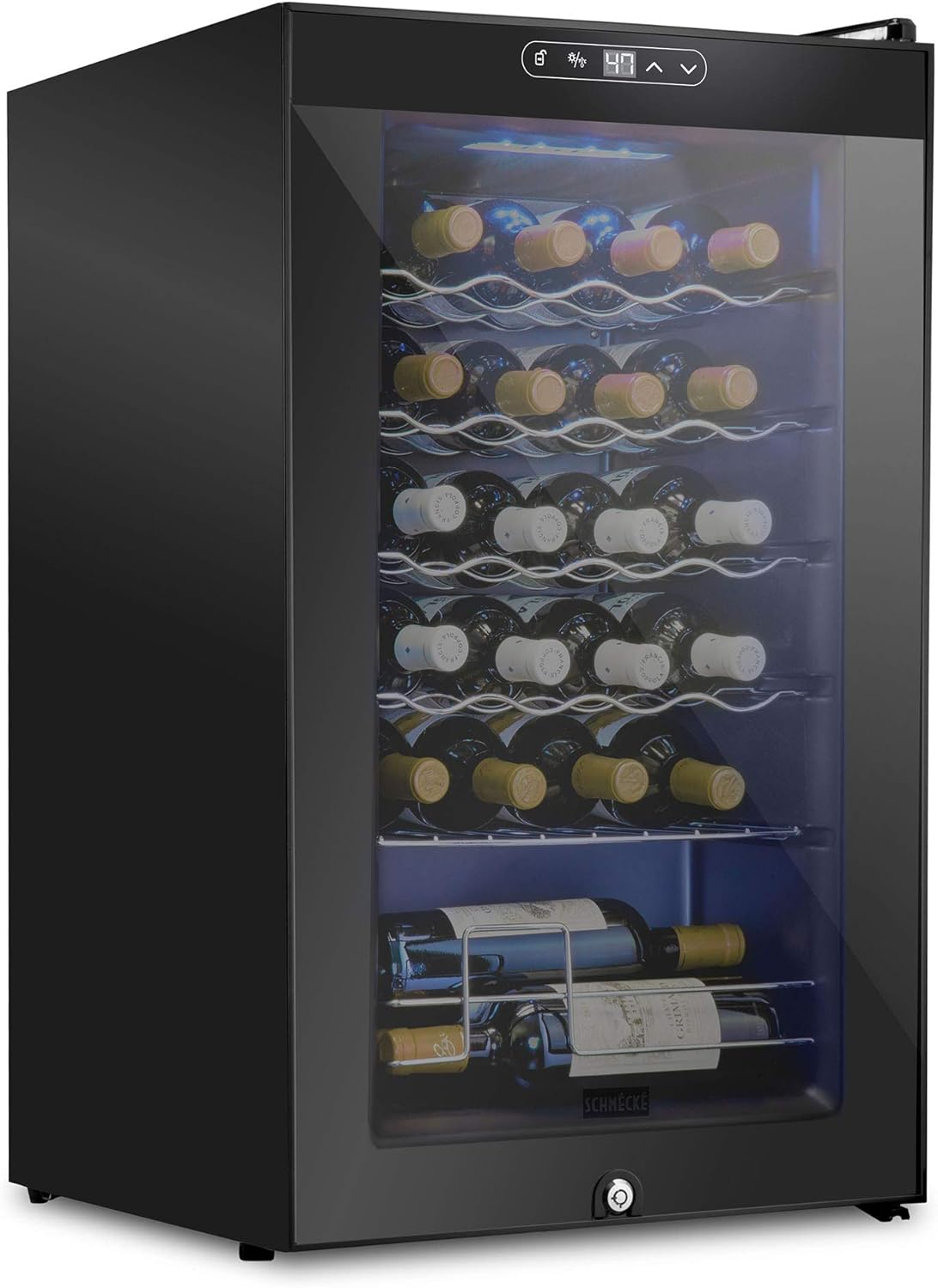 71K3C2jgkOL._AC_SL1500 Schmécké - Weinkühlschrank mit 24 abschließbaren Flaschen, großer nicht eingebauter Weinkeller | 41f-64f mit digitaler Temperaturregelung für Rotwein, Weißwein, Champagner oder Sekt, Schwarz
