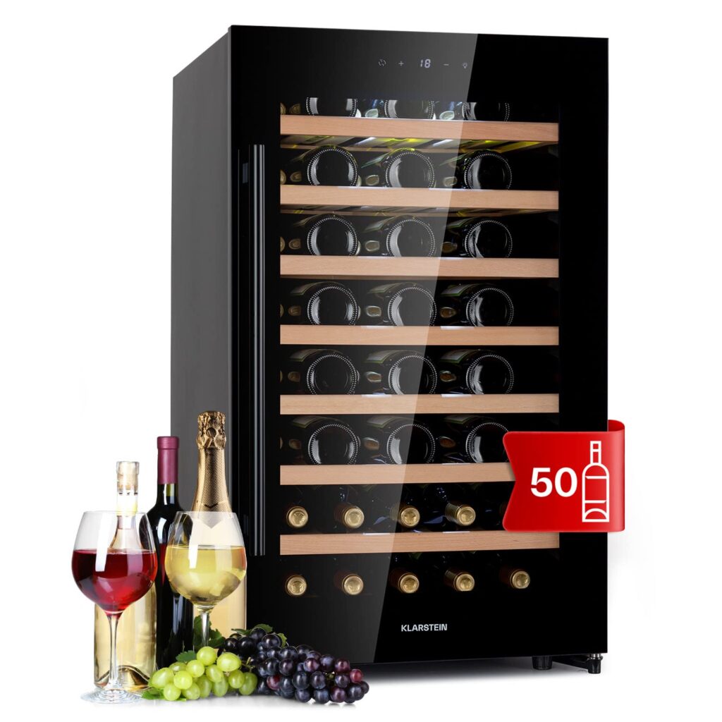 Klarstein Weinkühlschrank Freistehend, Kleiner Getränkekühlschrank Schmal, 2 Zonen Weinkühlschrank mit Glastür, Indoor/Outdoor Beersafe, Kühlschrank Klein mit LED-Lichter, 5-18°C, 73 Flaschen