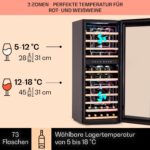 Klarstein Weinkühlschrank Freistehend, Kleiner Getränkekühlschrank Schmal, 2 Zonen Weinkühlschrank mit Glastür, Indoor/Outdoor Beersafe, Kühlschrank Klein mit LED-Lichter, 5-18°C, 73 Flaschen