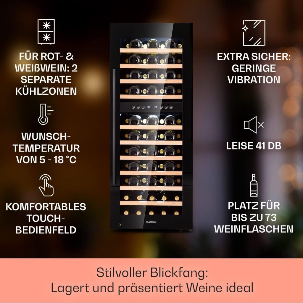 Klarstein Weinkühlschrank Freistehend, Kleiner Getränkekühlschrank Schmal, 2 Zonen Weinkühlschrank mit Glastür, Indoor/Outdoor Beersafe, Kühlschrank Klein mit LED-Lichter, 5-18°C, 73 Flaschen