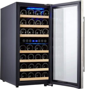 Kalamera Weinkühlschrank 2 Zonen, Edelstahl Glastür, 33 Flaschen(bis zu 310 mm Höhe), 100 Liter, Zwei Temperaturzonen 5-10°C/10-18°C, Freistehend, KRC-33BSS
