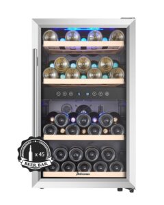 Kalamera Weinkühlschrank 2 Zonen, Edelstahl Glastür, 33 Flaschen(bis zu 310 mm Höhe), 100 Liter, Zwei Temperaturzonen 5-10°C/10-18°C, Freistehend, KRC-33BSS