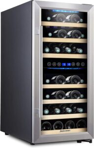 Kalamera Weinkühlschrank 2 Zonen, Edelstahl Glastür, 33 Flaschen(bis zu 310 mm Höhe), 100 Liter, Zwei Temperaturzonen 5-10°C/10-18°C, Freistehend, KRC-33BSS