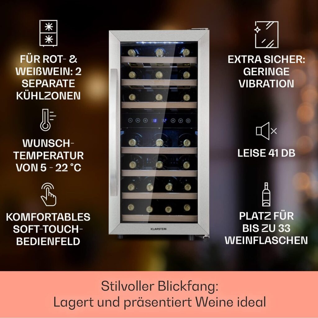 Klarstein Weinkühlschrank Freistehend, Kleiner Getränkekühlschrank Schmal, 2 Zonen Weinkühlschrank mit Glastür, Indoor/Outdoor Beersafe, Kühlschrank Klein mit LED-Lichter, 5-18°C, 33 Flaschen