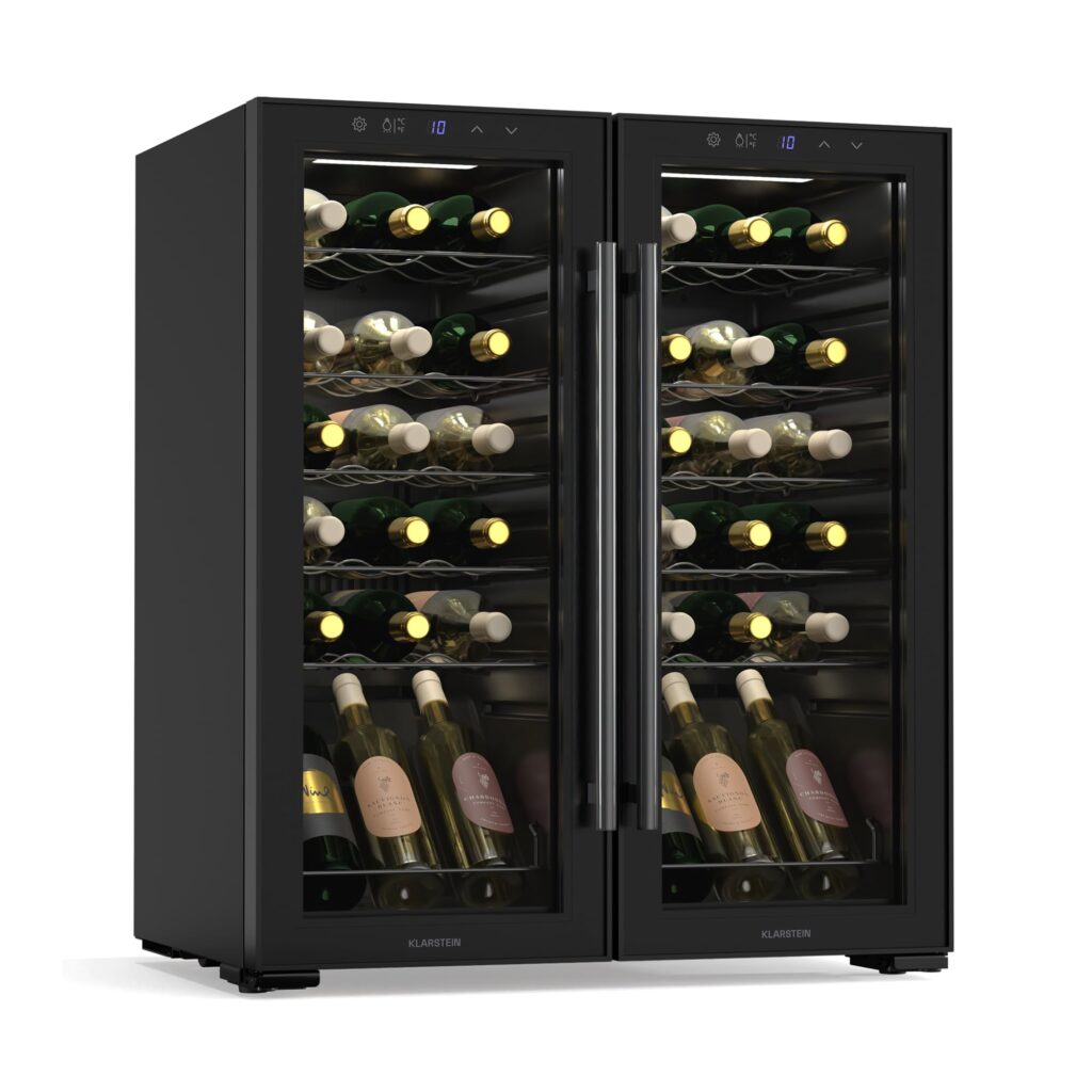 Klarstein Weinkühlschrank Freistehend, Kleiner Getränkekühlschrank Schmal, 2 Zone Weinkühlschrank mit Glastür, Indoor/Outdoor Beersafe, Kühlschrank Klein mit UV-Schutz, 5-18°C, 39 Flaschen