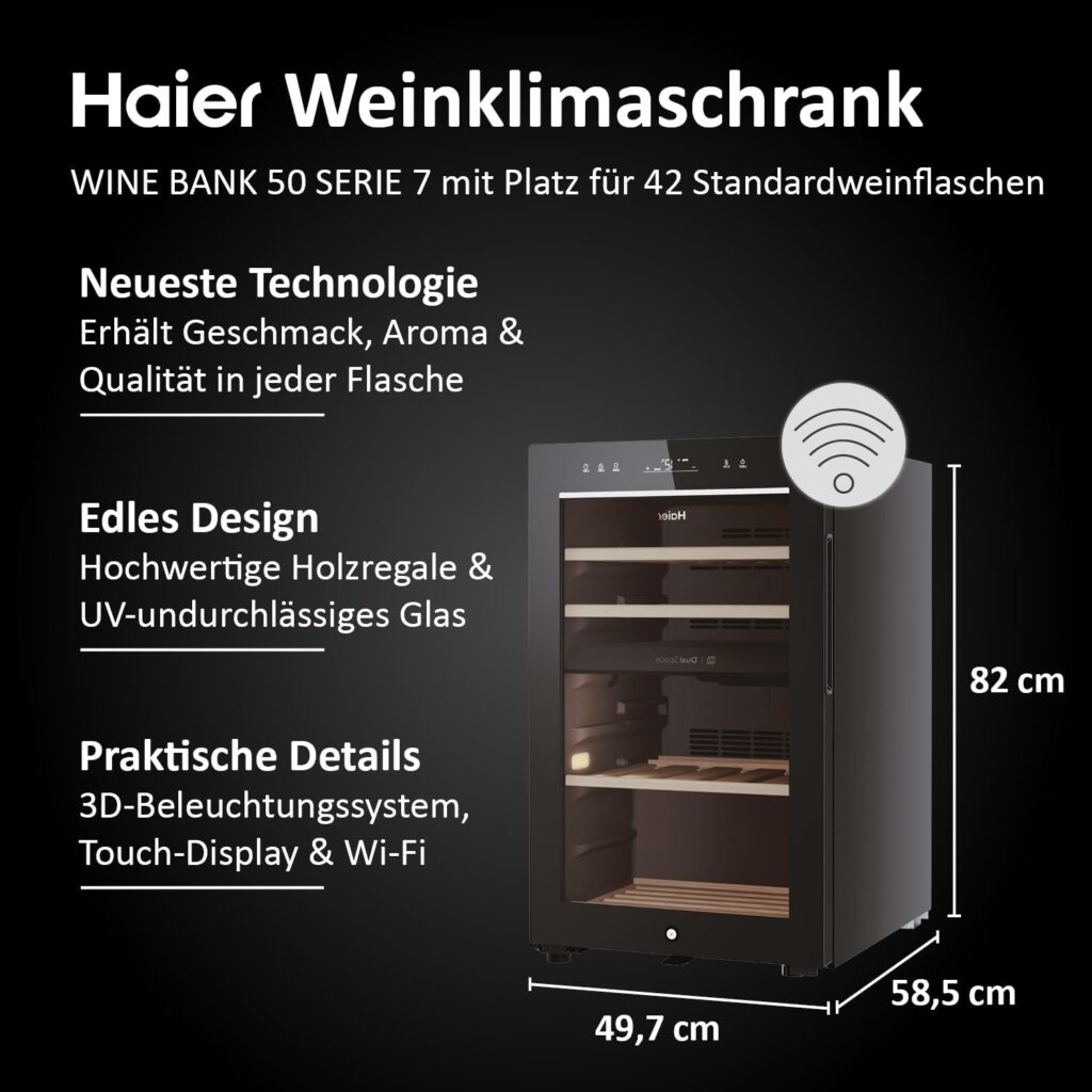 Haier Weinkühlschrank klein 50 SERIE 7 HWS42GDAU1 I 42 Flaschen Weinklimaschrank I Neue Technologie für perfekte Lagerung I Weinkühlschrank 2 Zonen, UV-Glastür & Holzregale I Wi-Fi I Wine fridge