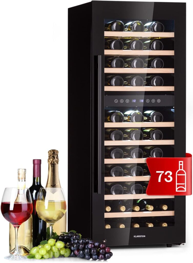 Klarstein Weinkühlschrank Freistehend, Kleiner Getränkekühlschrank Schmal, 2 Zonen Weinkühlschrank mit Glastür, Indoor/Outdoor Beersafe, Kühlschrank Klein mit LED-Lichter, 5-18°C, 73 Flaschen