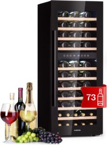 Klarstein Weinkühlschrank Freistehend, Kleiner Getränkekühlschrank Schmal, 2 Zonen Weinkühlschrank mit Glastür, Indoor/Outdoor Beersafe, Kühlschrank Klein mit LED-Lichter, 5-18°C, 73 Flaschen