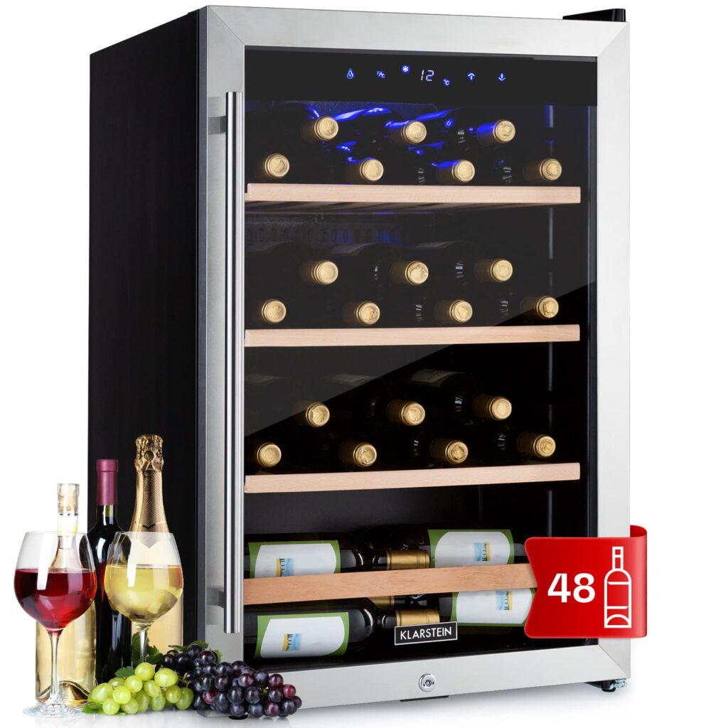 Klarstein Weinkühlschrank Freistehend, Kleiner Getränkekühlschrank Schmal, 2 Zonen Weinkühlschrank mit Glastür, Indoor/Outdoor Beersafe, Kühlschrank Klein mit LED-Lichter, 5-18°C, 33 Flaschen